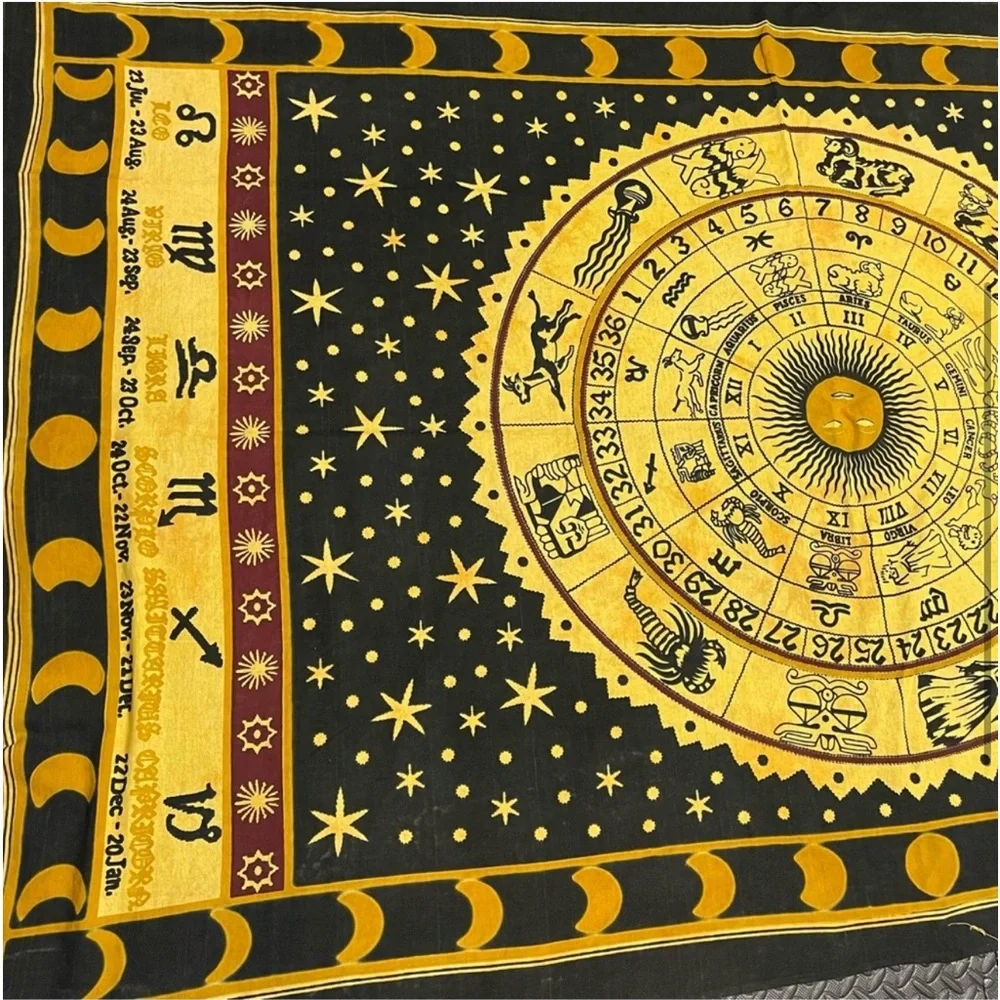 Astrology Zodiac Tapestry Wall Art Moon Phase Indian Cotton Black Yellow Vintage